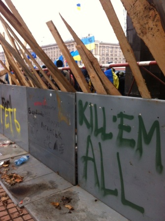 Graffiti on a barricade that was set up in the first week of December